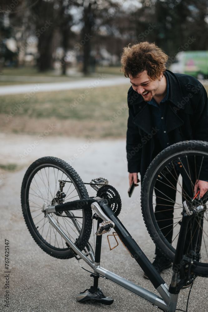 Obraz premium A young male entrepreneur is engaged in fixing his bicycle in a tranquil park setting, showcasing a blend of business and leisure.
