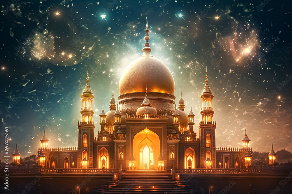 A beautiful blue and gold building with a large dome on top.