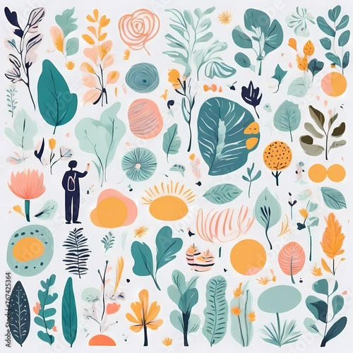 A collection of seamless pattern, colorful abstract plants and flowers. Hand drawn Collection of leaves and flowers. A close up of a pattern of flowers and leaves.
