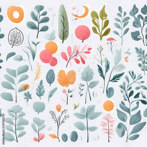 A collection of seamless pattern, colorful abstract plants and flowers. Hand drawn Collection of leaves and flowers. A close up of a pattern of flowers and leaves.
