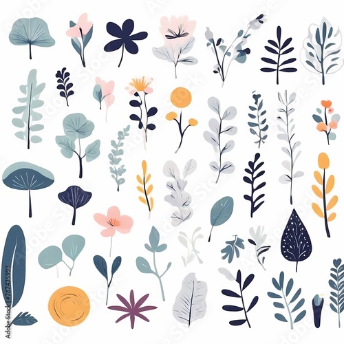 A collection of seamless pattern, colorful abstract plants and flowers. Hand drawn Collection of leaves and flowers. A close up of a pattern of flowers and leaves.
