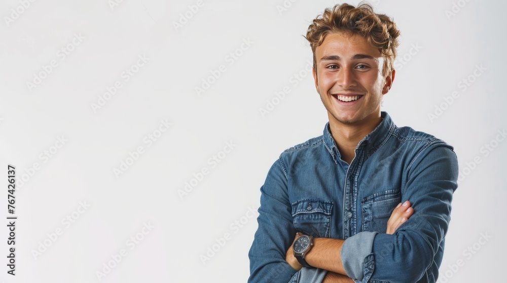 Portrait of young smiling caucasian man with arms crossed, wearing smart watch and casual denim shirt, isolated on white  - obrazy, fototapety, plakaty 