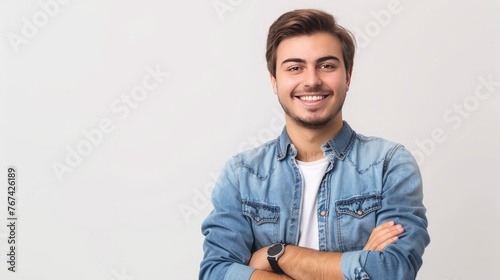 Portrait of young smiling caucasian man with arms crossed, wearing smart watch and casual denim shirt, isolated on white 