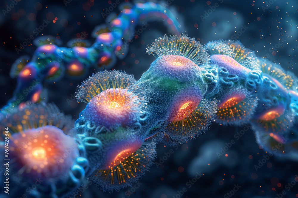 An electron microscope capturing the intricate details of a microorganism, revealing the hidden world of microscopic life. Concept of exploring the microcosmos. Generative Ai. An electron microscope capturing the intricate details of a microorganism, revealing the hidden world of microscopic life. Concept of exploring the microcosmos. Generative Ai.