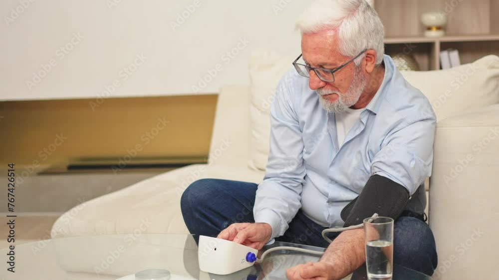 Hypertension problem in senior age. Old man measuring blood pressure with tonometer at home. Senior man have health problem making self checkup. Headache treatment of hypertension hypotension Hypertension problem in senior age. Old man measuring blood pressure with tonometer at home. Senior man have health problem making self checkup. Headache treatment of hypertension hypotension