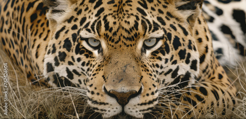  a close - up of a leopard's face with a black and white pattern on it's face. © Anna