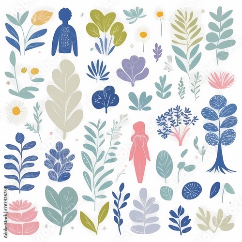 A collection of seamless pattern, colorful abstract plants and flowers. Hand drawn Collection of leaves and flowers. A close up of a pattern of flowers and leaves.
