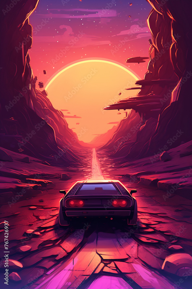 The futuristic retro landscape of the 80s. Illustration of the moon and car in retro style. Suitable for the design of the 80s style.
