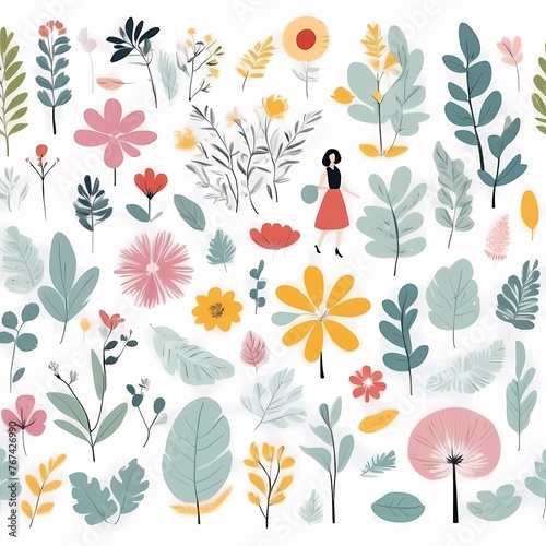 A collection of seamless pattern, colorful abstract plants and flowers. Hand drawn Collection of leaves and flowers. A close up of a pattern of flowers and leaves.
