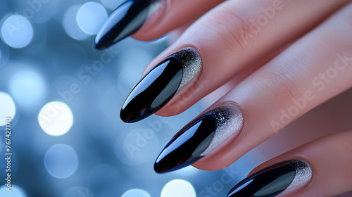 Chic black nails with glitter ombre accent