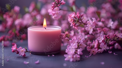 A composition with a candle and flowers