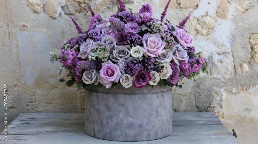 a bucket filled with lots of purple flowers on top of a wooden table in front of a stone brick wall.
