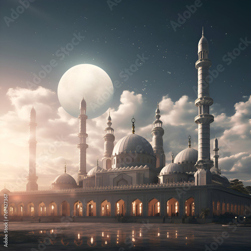 Mosque and moon at night. 3D render. Illustration.