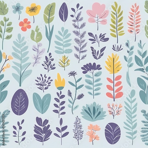 A collection of seamless pattern, colorful abstract plants and flowers. Hand drawn Collection of leaves and flowers. A close up of a pattern of flowers and leaves.
