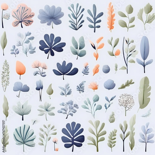A collection of seamless pattern, colorful abstract plants and flowers. Hand drawn Collection of leaves and flowers. A close up of a pattern of flowers and leaves.
