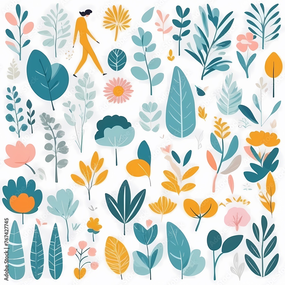 A collection of seamless pattern, colorful abstract plants and flowers. Hand drawn Collection of leaves and flowers. A close up of a pattern of flowers and leaves.
A collection of seamless pattern, colorful abstract plants and flowers. Hand drawn Collection of leaves and flowers. A close up of a pattern of flowers and leaves.