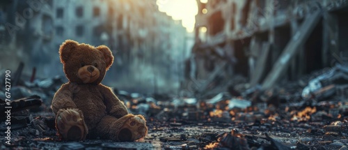 Worn-out stuffed bear toy resting amidst the ruins of a devastated city, with collapsed buildings in the backdrop. Symbol of aggression, war, hostility towards innocent civilians. photo