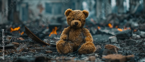 Worn-out stuffed bear toy resting amidst the ruins of a devastated city, with collapsed buildings in the backdrop. Symbol of aggression, war, hostility towards innocent civilians. photo