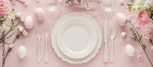 A pale pink table setting is arranged for an Easter dinner with plenty of room for text above a white plate.