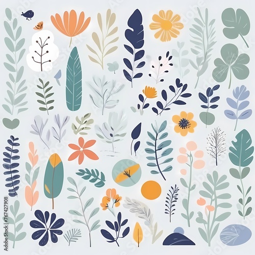 A collection of seamless pattern, colorful abstract plants and flowers. Hand drawn Collection of leaves and flowers. A close up of a pattern of flowers and leaves.
