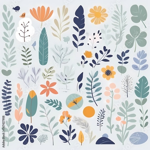 A collection of seamless pattern, colorful abstract plants and flowers. Hand drawn Collection of leaves and flowers. A close up of a pattern of flowers and leaves.  © Yasir