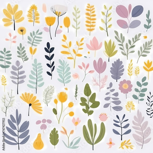 A collection of seamless pattern, colorful abstract plants and flowers. Hand drawn Collection of leaves and flowers. A close up of a pattern of flowers and leaves.
