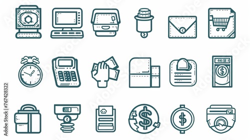 A basic collection of vector line icons related to money. includes icons for wallets, ATMs, bundles of cash, hands holding coins, and more.