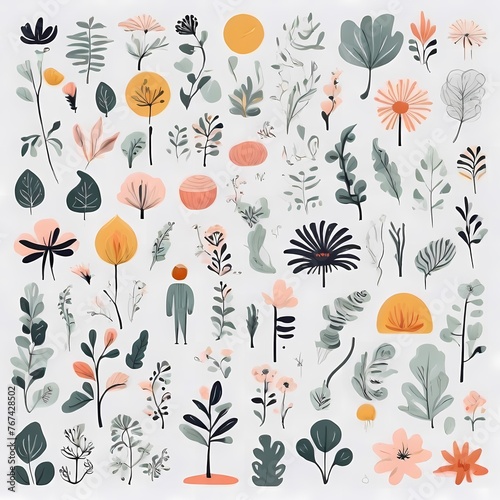 A collection of seamless pattern, colorful abstract plants and flowers. Hand drawn Collection of leaves and flowers. A close up of a pattern of flowers and leaves.
