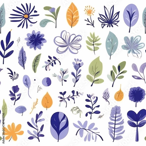 A collection of seamless pattern, colorful abstract plants and flowers. Hand drawn Collection of leaves and flowers. A close up of a pattern of flowers and leaves.
