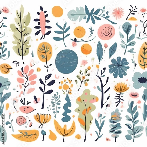 A collection of seamless pattern, colorful abstract plants and flowers. Hand drawn Collection of leaves and flowers. A close up of a pattern of flowers and leaves.
