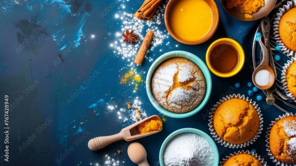  a table topped with muffins and cupcakes covered in powdered sugar next to a bowl of powdered sugar.