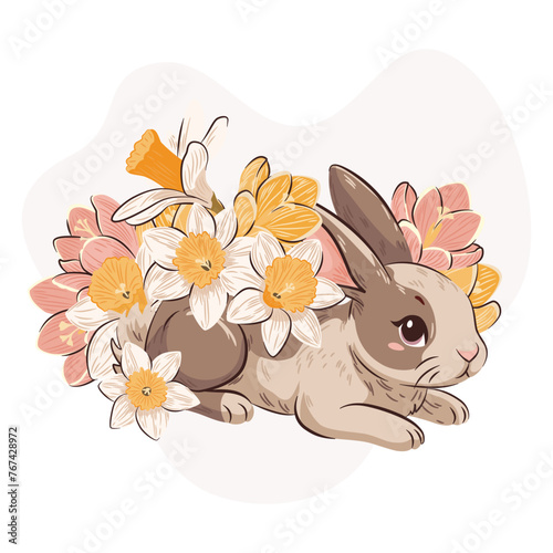 Uroczy królik, żonkile i krokusy. Bukiet wiosennych kwiatów i słodki zwierzak na jasnym tle. Wiosenna ilustracja wektorowa. © Monika