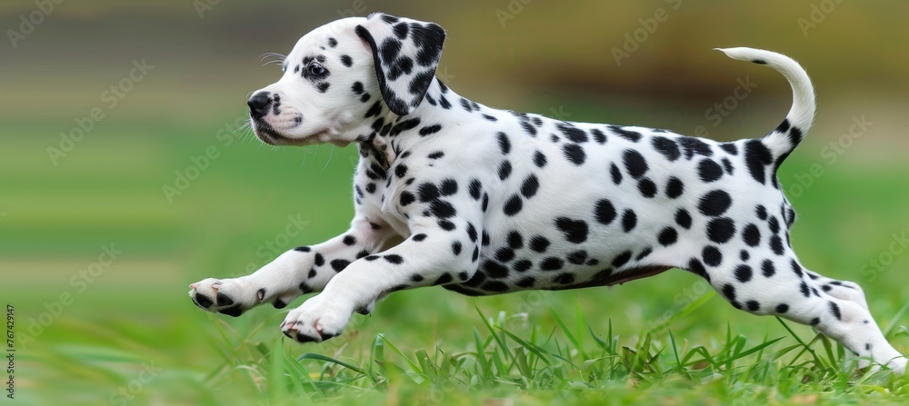 Energetic dalmatian puppy playing in meadow  joyful sight of beautifully spotted companion