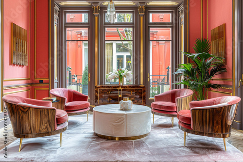 Premium coral pink living space showcasing bespoke walnut furniture  velvet chairs  and gold details.