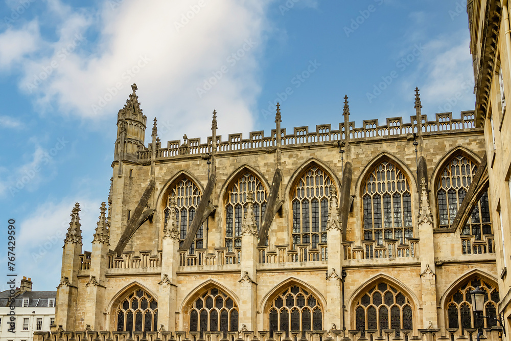 Architectural fragments of Bath Abbey (or Abbey Church of Saint Peter and Saint Paul, founded in VII century) in Bath. Bath is a city in ceremonial county of Somerset in South West England.