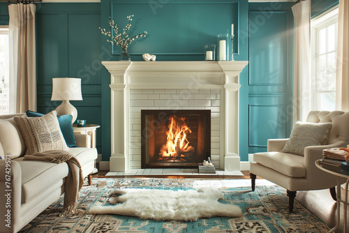 Teal and ivory living room, a fireplace radiating sophistication.