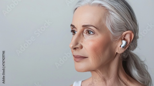 Mature woman with hearing aid on light background with space for text, closeup 
