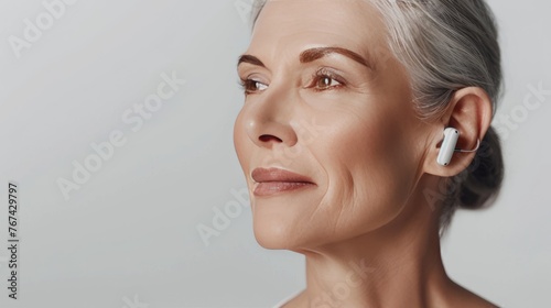 Mature woman with hearing aid on light background with space for text, closeup 
