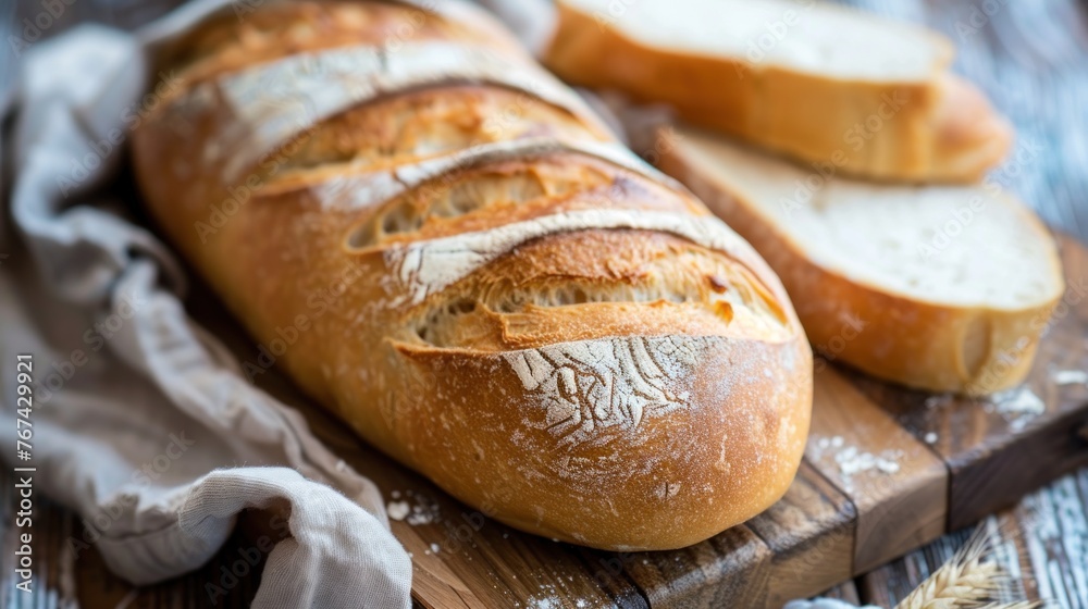 Close up of tasty bread fresh from the oven on wooden background. AI generated image