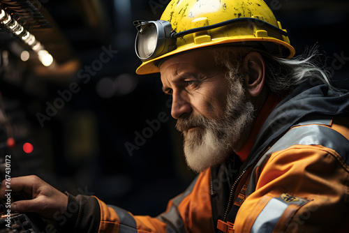 male worker in a protective helmet and overalls works in production. industrial industry photo