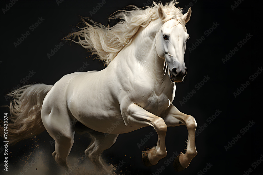 Obraz premium purebred muscular horse jumps on a dark background. mammal. biology and fauna.