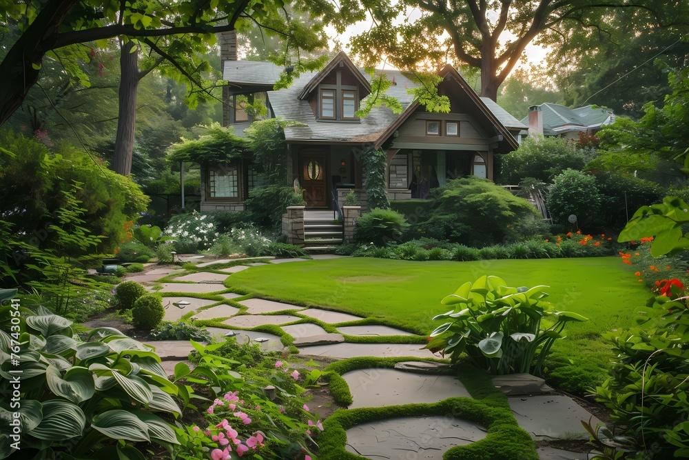 A craftsman house with a light-colored exterior, showcasing a well-designed garden pathway with stepping stones.