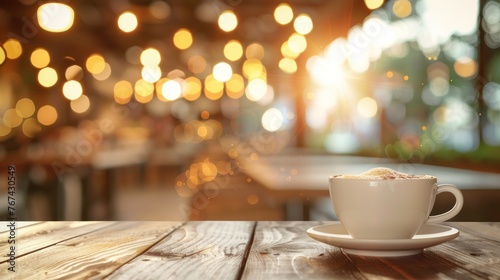 A Cup of hot coffee drink on wooden table on blur cafe background. AI generated image
