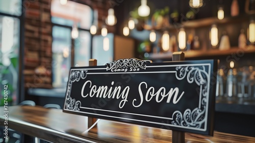 Elegant 'Coming Soon' Announcement Board in Cafe Setting