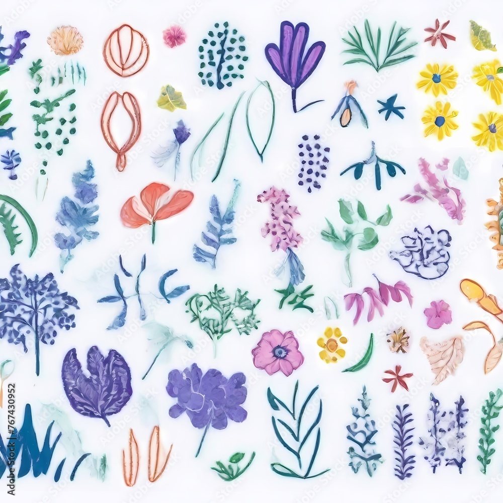 Fototapeta premium A collection of seamless pattern, colorful abstract plants and flowers. Hand drawn Collection of leaves and flowers. A close up of a pattern of flowers and leaves. 