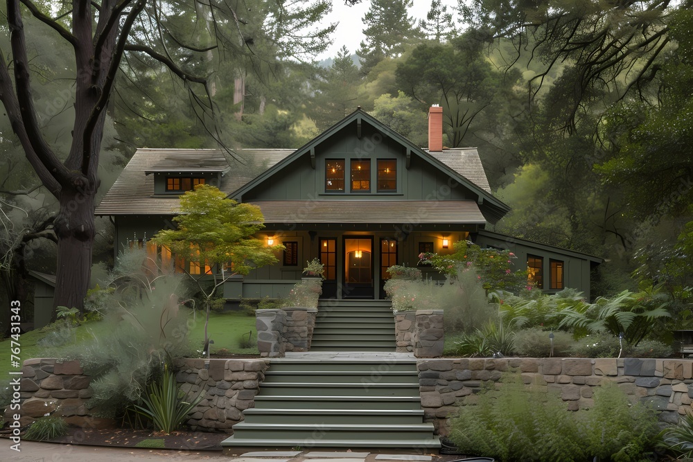 A serene craftsman home exterior featuring muted olive green tones, blending seamlessly into the surrounding forest.