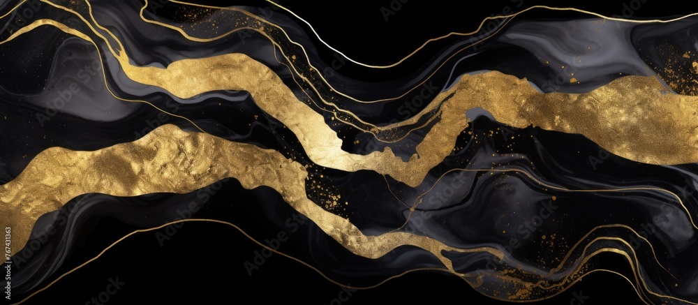 Presented here is a luxurious piece of black and gold marble featuring an elaborate gold foil pattern
