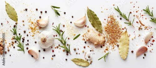 Background of Various Seasonings. Assortment of dry spices including ginger, garlic, rosemary, and bay leaf arranged on a white background from a top view with space for text.
