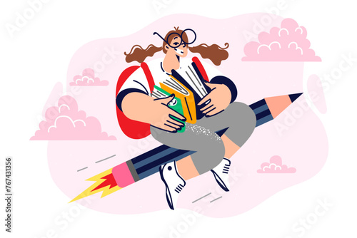 Schoolgirl with textbooks flies on pencil across sky and smiles, enjoying receiving education