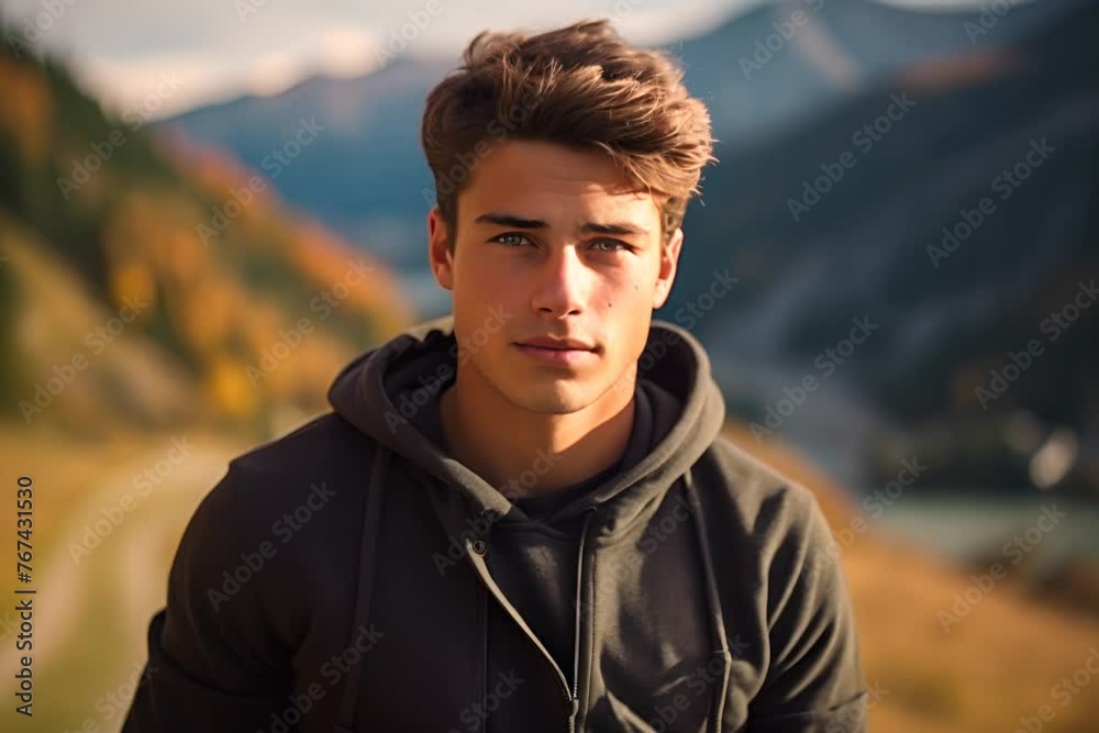 A young man stands in outdoor autumn scenery A young man stands in outdoor autumn scenery
